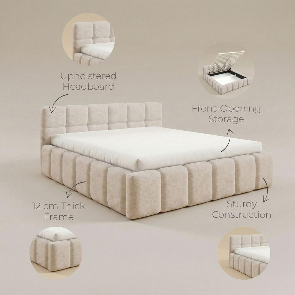 POLSTERBETT NUBO Medium 140x200 cm mit Bettkasten – PERFECT HARMONY 77 - Dunkelblau, Holz - Dekori_Interiors