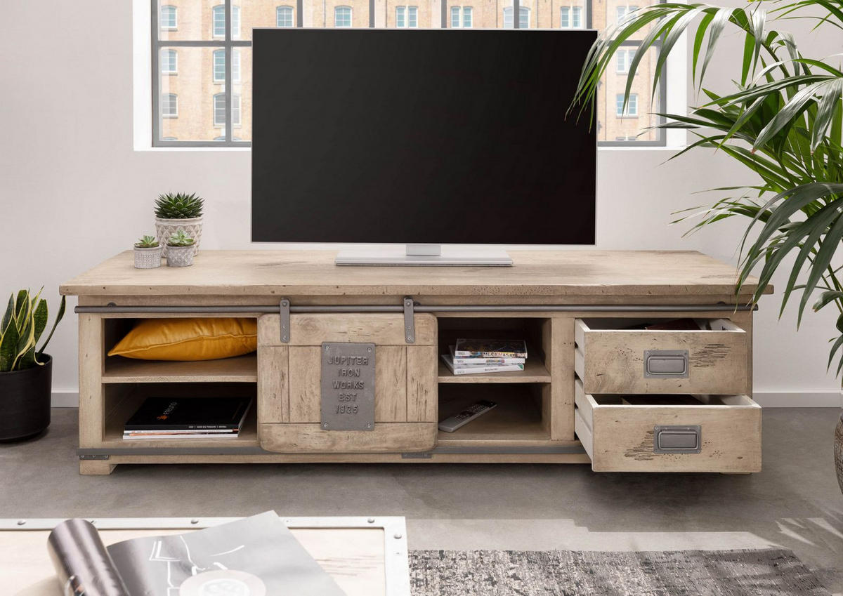 TV-BOARD Mango 180x55x50 whitewash lackiert RAILWAY #345 - Beige, Holz (55/50/180cm) - Massivmoebel24