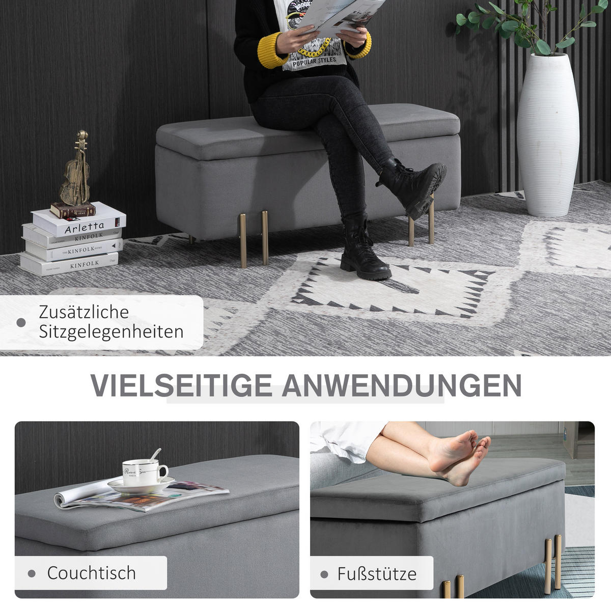 SITZBANK Eleganter Polsterbank mit Stauraum Truhenbank Dunkelgrau - Dunkelgrau, Textil (40/42/100cm) - HOMCOM