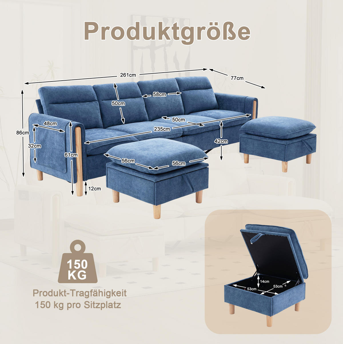 SOFA 261/77/86 cm in Blau aus Chenille, modular mit 2 Hockern und Stauraum - Blau, Textil (77/86/261cm) - Flora Grace