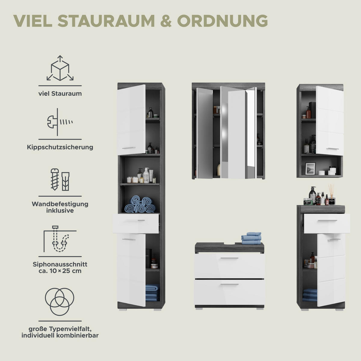 BADKOMBINATION 5tlg. Scout Bad in Rauchsilber Nachbildung und weiß hochglanz B/H/T: 164x191x34 cm - Anthrazit, Holz (164/191/37cm)