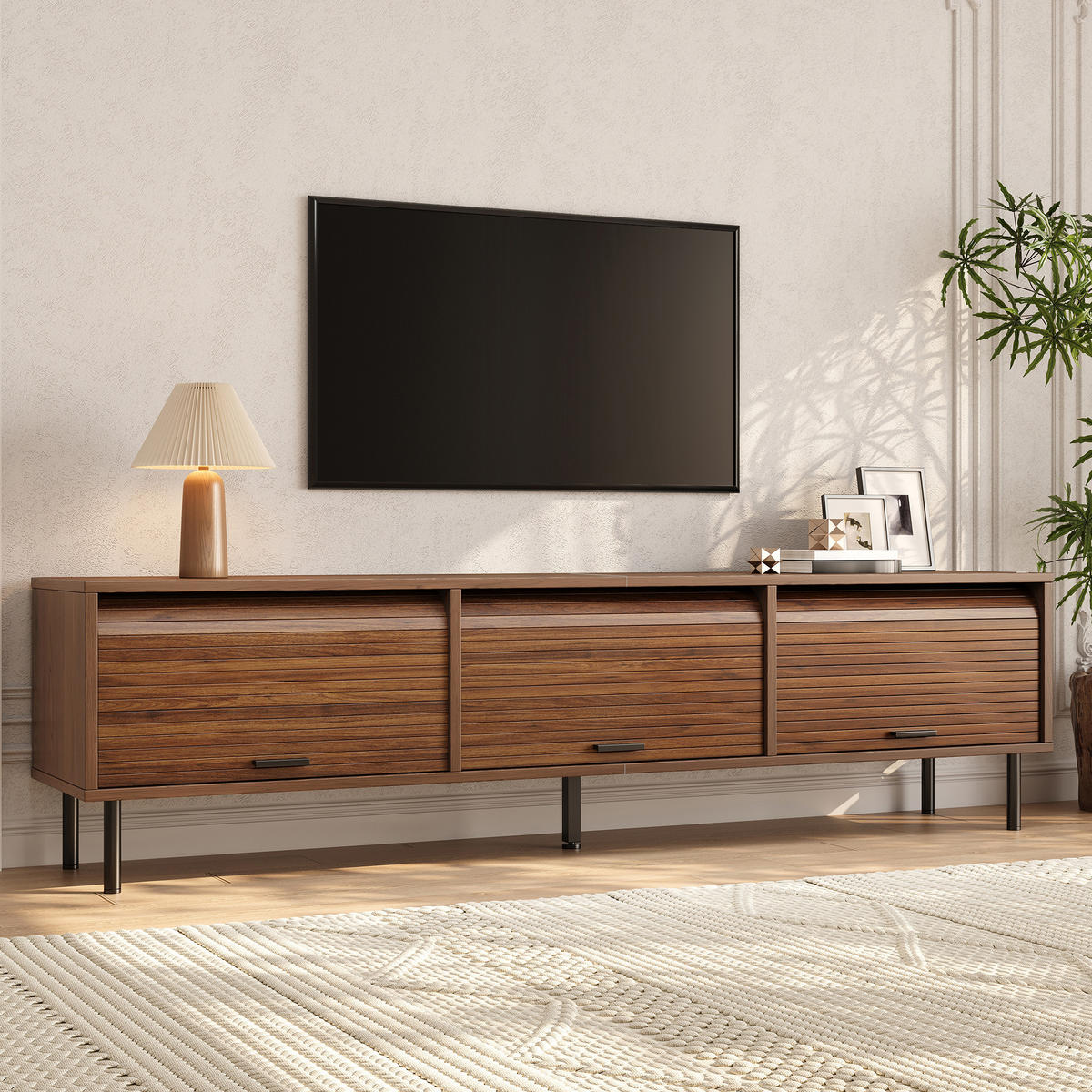 TV-SCHRANK 180/40/55 cm Walnussholzfarbe mit 3 aufschiebbare Türen - Nussbaumfarben/Schwarz, Holz/Holzwerkstoff (180/55/40cm) - Oxeza