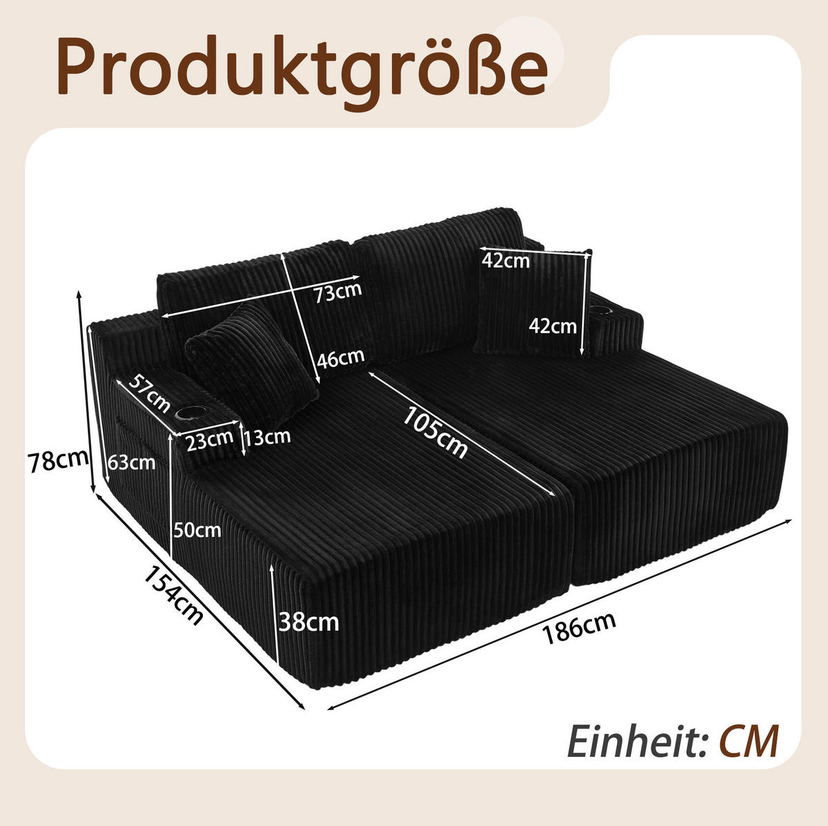 SCHLAFSOFA multifunktional als 2-Sitzer, Relaxsessel mit Magazintasche, Getränkehalter und Kissen, Schwarz - Schwarz, Kunststoff (186/78/154cm) - Redom