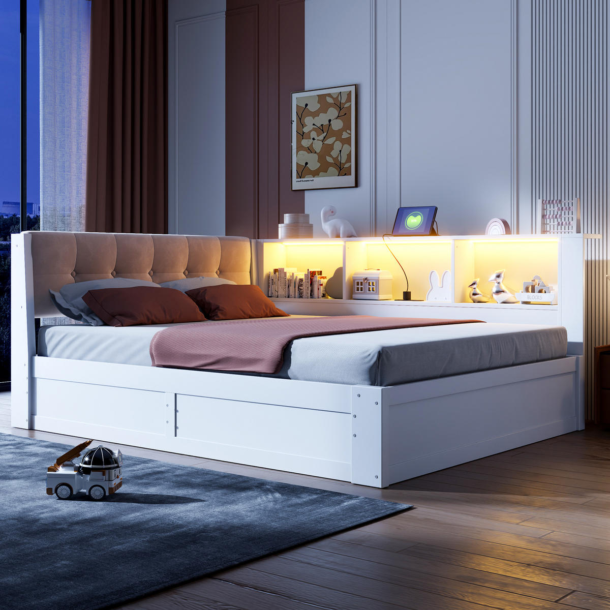 BETT 140/200 cm in Weiß mit Bettkasten, Regal und USB aus Kiefernholz und MDF - Beige/Weiß, Holzwerkstoff/Textil (140/200cm) - STILVORA