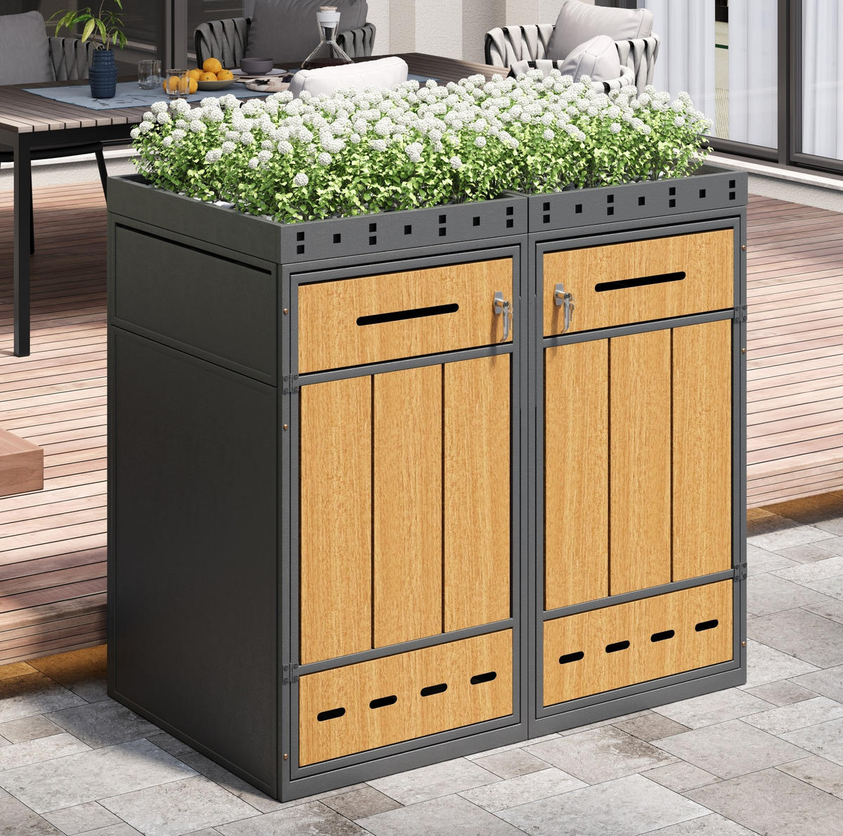 MÜLLTONNENBOX aus Stahl in Grau Holzoptik mit Pflanzdach & Abfalltrennung - Grau, Metall (132/124/80cm) - Modfu