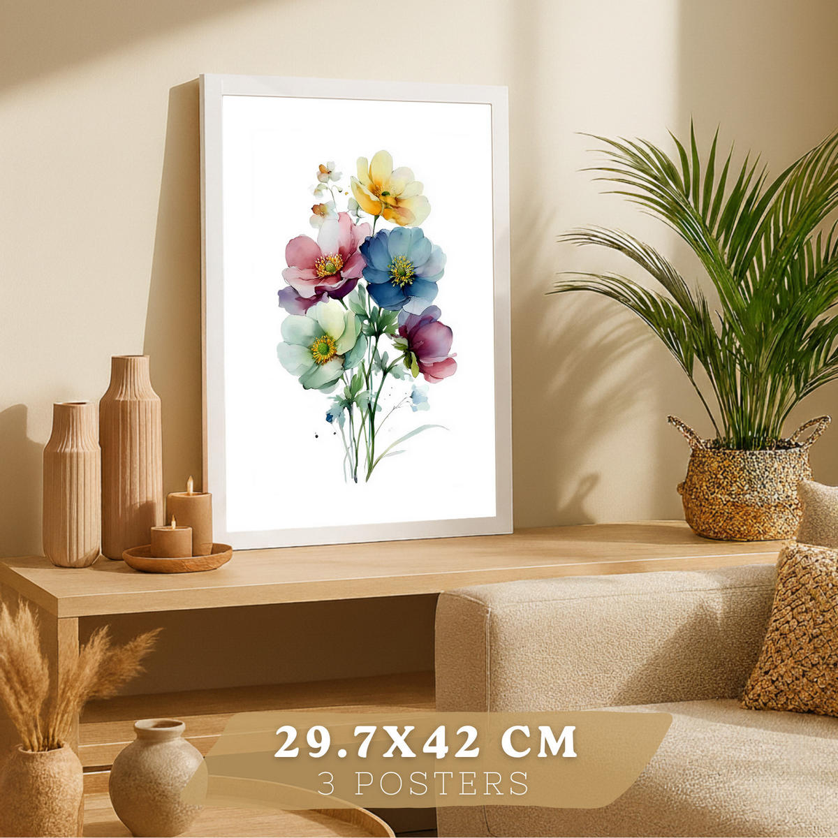 PLAKAT Sada 3 botanických uměleckých tisků. Květinové nástěnné umění. Květinové tisky. Velikost Bílý rám A3 - bílá, papír (29.7/42/3cm) - Nacnic