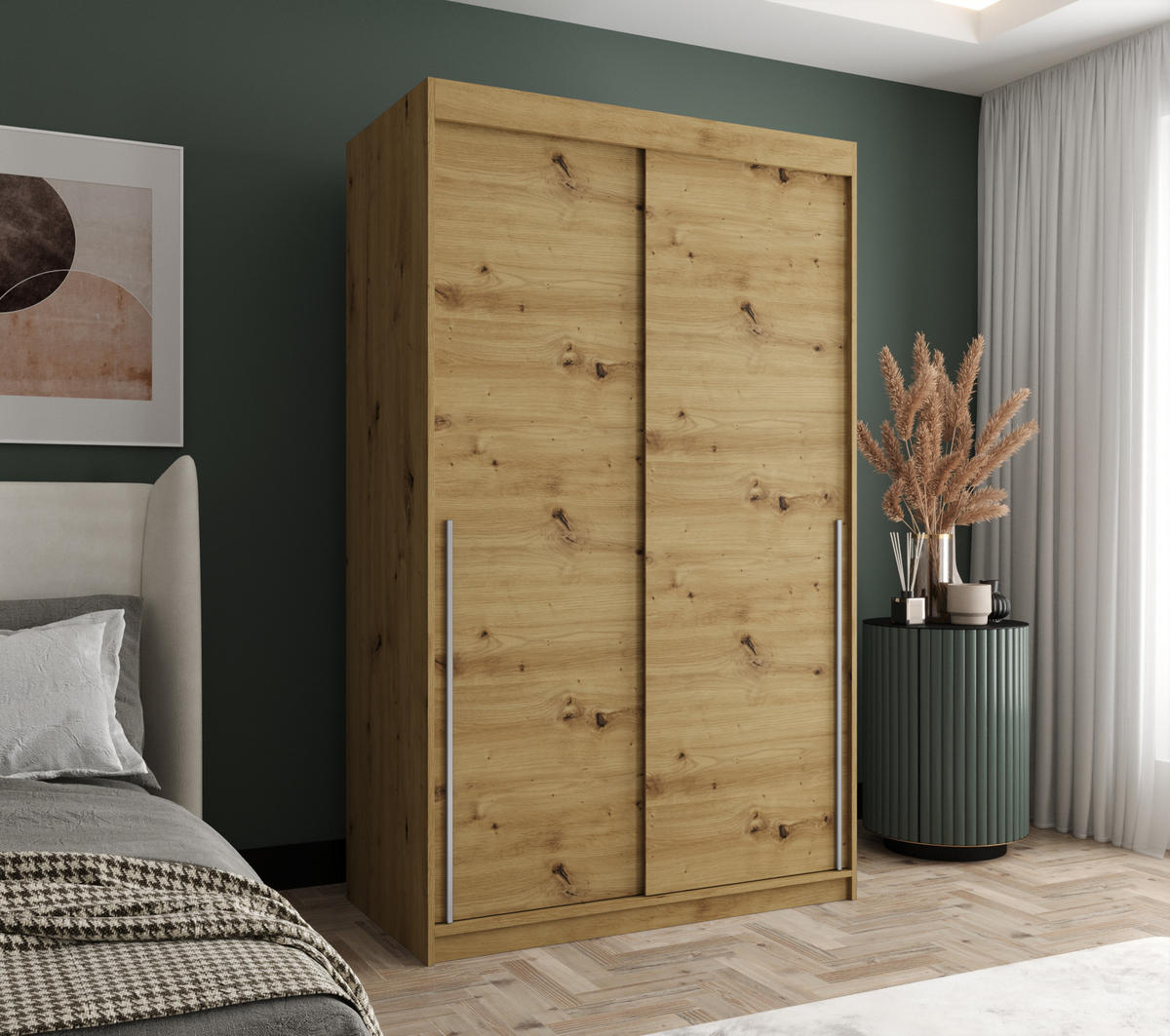 SCHWEBETÜRENSCHRANK 120 cm Breite Artisan mit silbernem Griff - Silberfarben/Eiche Artisan, Holzwerkstoff (120/200/62cm) - Home Collective