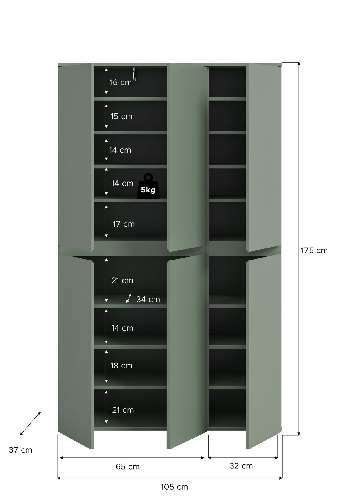 UNIVERSALSCHRANK SCARPA (B/H/T: ca. 105/175/37 cm) in Smoke Green/Smoke Green - Dunkelgrün, Holzwerkstoff (105/175/37cm)