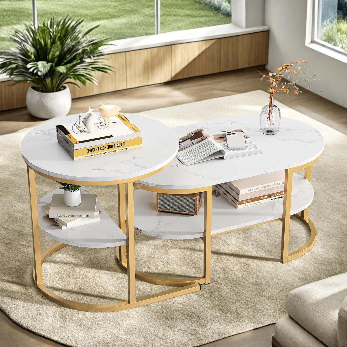 COUCHTISCH-SET Marmoroptik Weiß, Metallgestell Gold, 2er Set - Goldfarben, Metall (80/46/51cm) - SHOPENTRA
