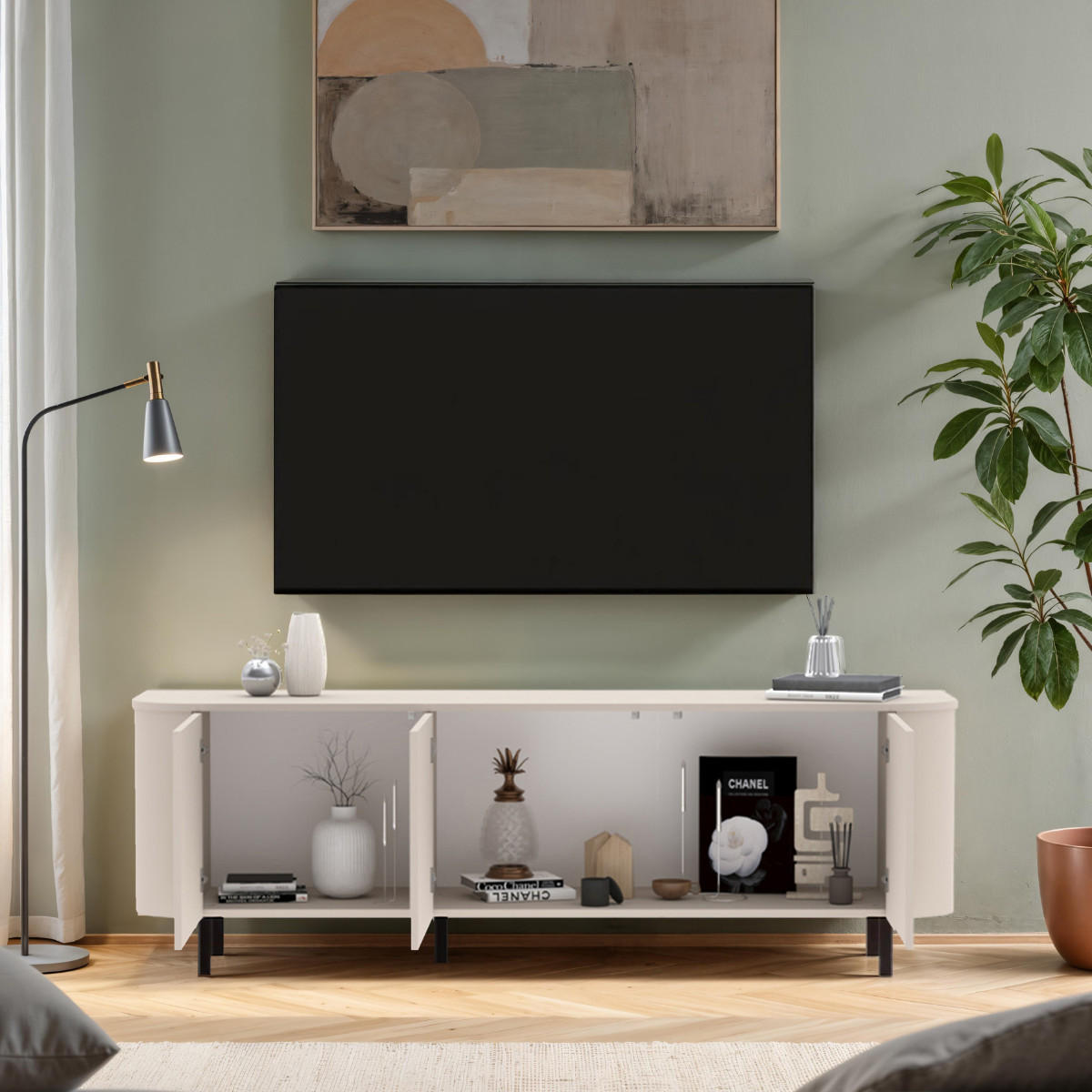 TV-MÖBEL 3 Türen abgerundete Kanten Kaschmir 180,2/42/60,2 cm - Beige, Holzwerkstoff (42/60.2/180.2cm) - Calicosy