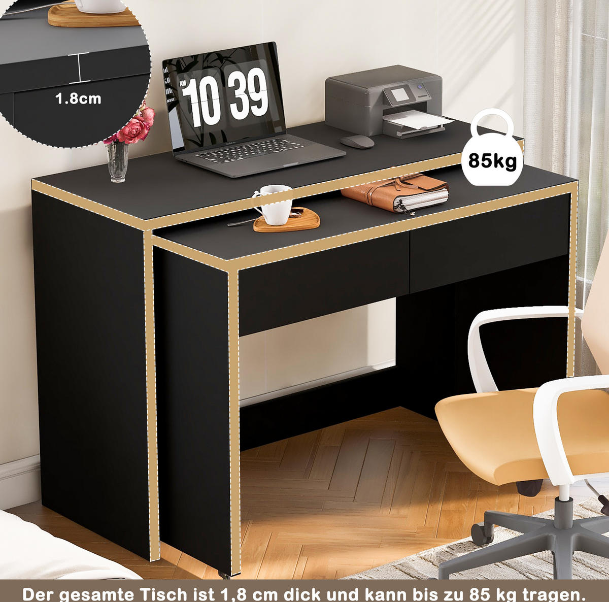 SCHREIBTISCH 2-in-1 ausziehbar 110x40x78 cm Schwarz mit Rollen - Schwarz, Holz (110/40/78cm) - Meubliv