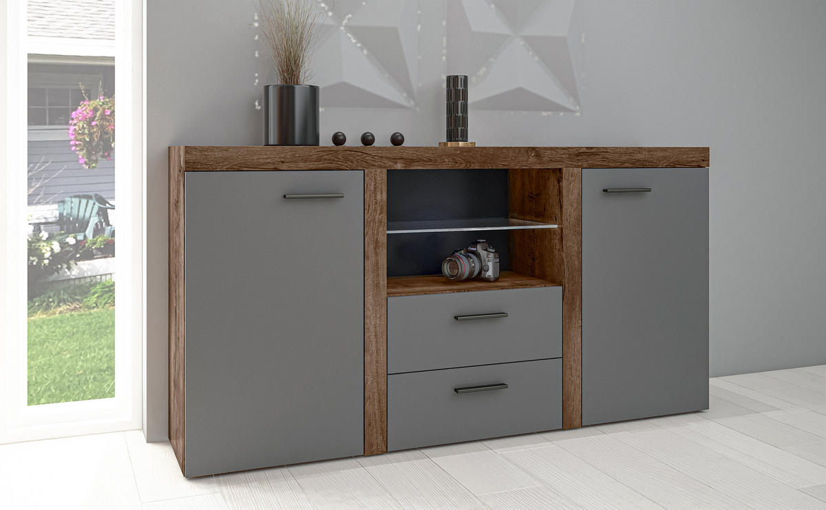 SIDEBOARD Spacoro 2F2S Lefkas, Graphit 156,4/82/40,3 cm – Schubladenschrank Kommode - Braun/Grau, Holzwerkstoff/Kunststoff (156/82/40cm) - AX Living