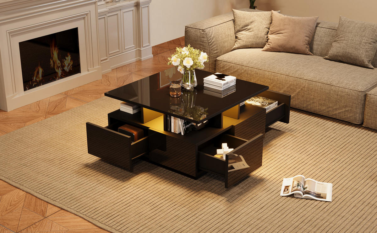 WÜRFEL-COUCHTISCH mit Hochglanz, 4 Schubladen & LED-App-Steuerung, 70/70/40 cm, Schwarz - Schwarz, Holzwerkstoff (70/70/40cm) - Redom