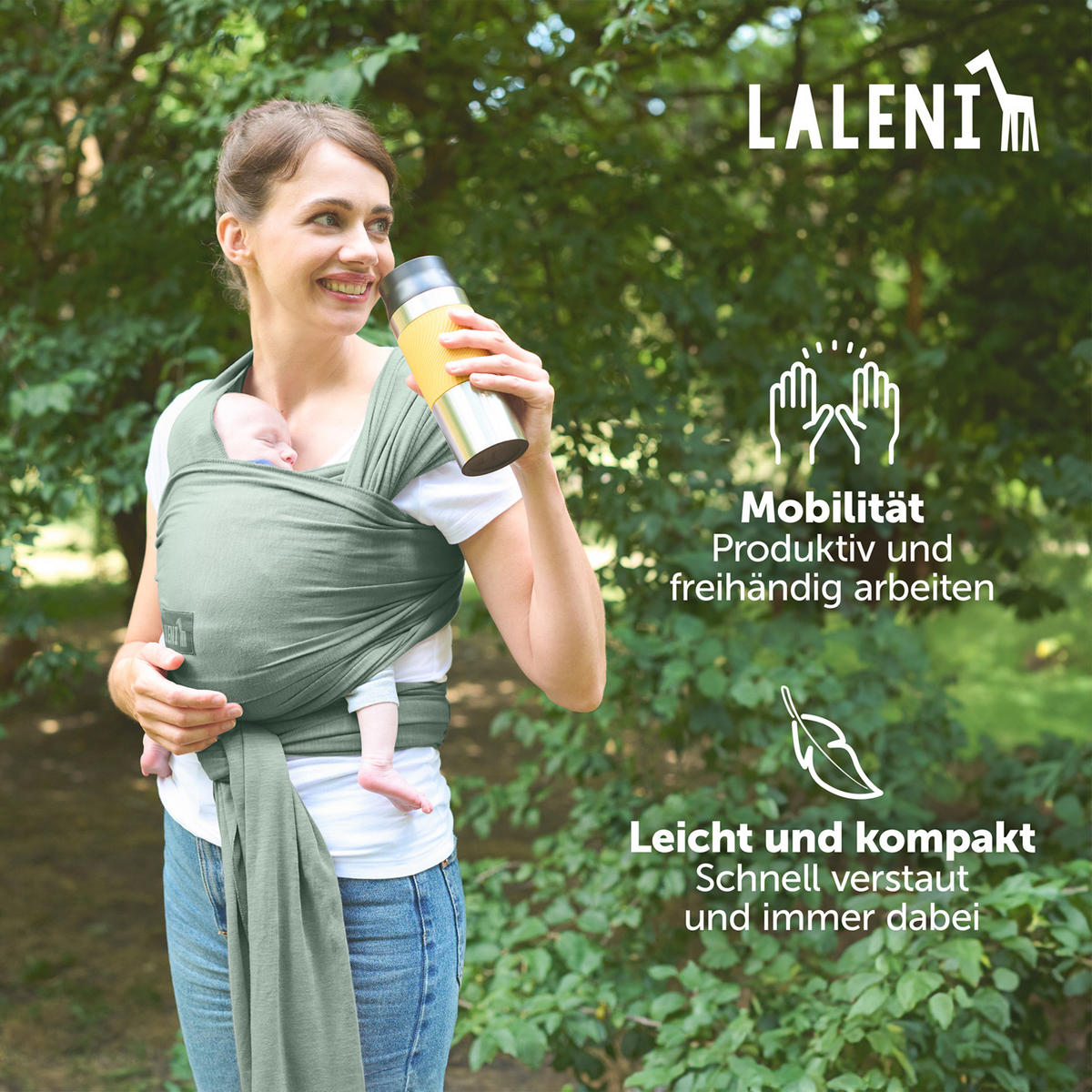BABYTRAGEN für Neugeborene bis 15 kg - 100% Baumwolle (Ohne Elasthan) - Grün - Grün, Textil (60/5.1cm) - Laleni
