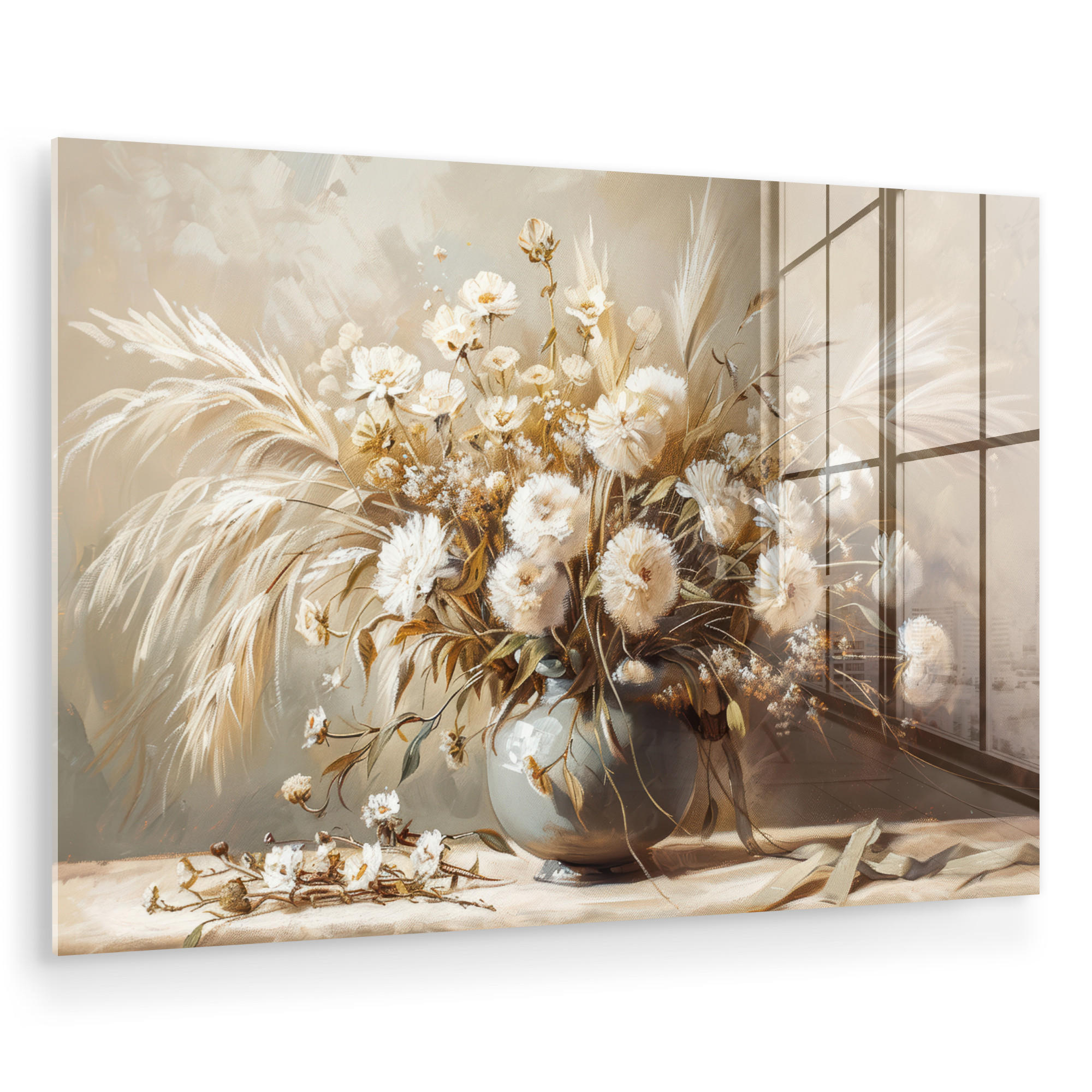 ACRYLGLASBILD Blumen - Vase - Stilleben - Beige 60x40 cm - Creme, Glas (60/40cm) - MuchoWow