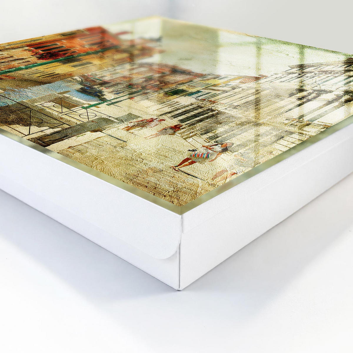 SCHLÜSSELBOX Weiß 30x30 cm – Türöffnung nach rechts - Farbenfrohe Stadt - Beige, Metall (30/30/5cm) - TULUP