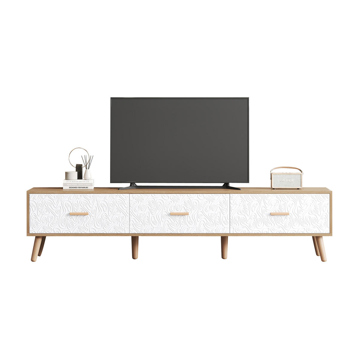 LOWBOARD DE-40303 mit Retro-Design und Holzbeinen Weiß/Hellholz - Weiß/Naturfarben, Holzwerkstoff (150/39/35cm) - ComfortXL