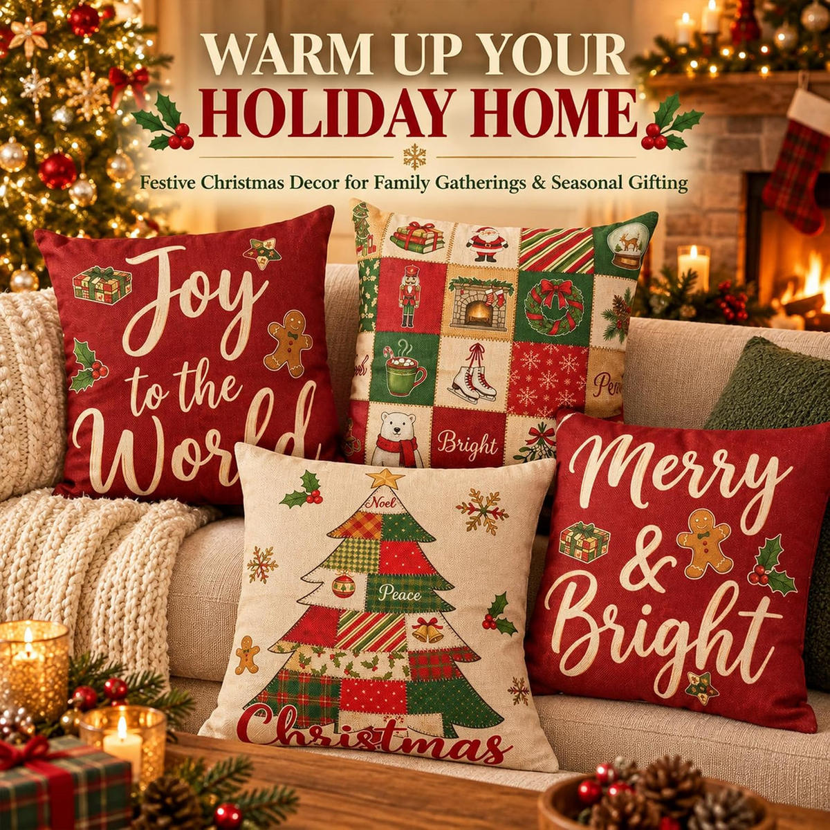 KISSENBEZUG – Weihnachtskissenbezug (Kissenfüllung nicht enthalten) – 45 x 45 cm – Multicolor(vier Stück) - Multicolor, Textil (45/45cm)