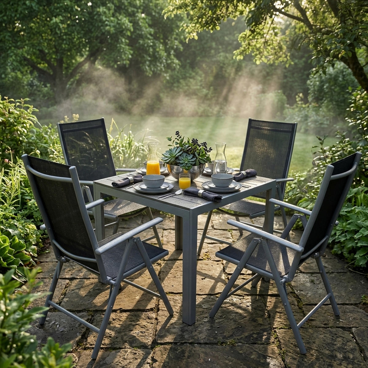 GARTEN-GARNITUR Ashford - 5-teilige Garten-Essgruppe (4x Klappsessel mit Armlehnen, 1x Tisch 70x70cm), Gestelle aus Aluminium grau - Schwarz, Metall - TPFGarden