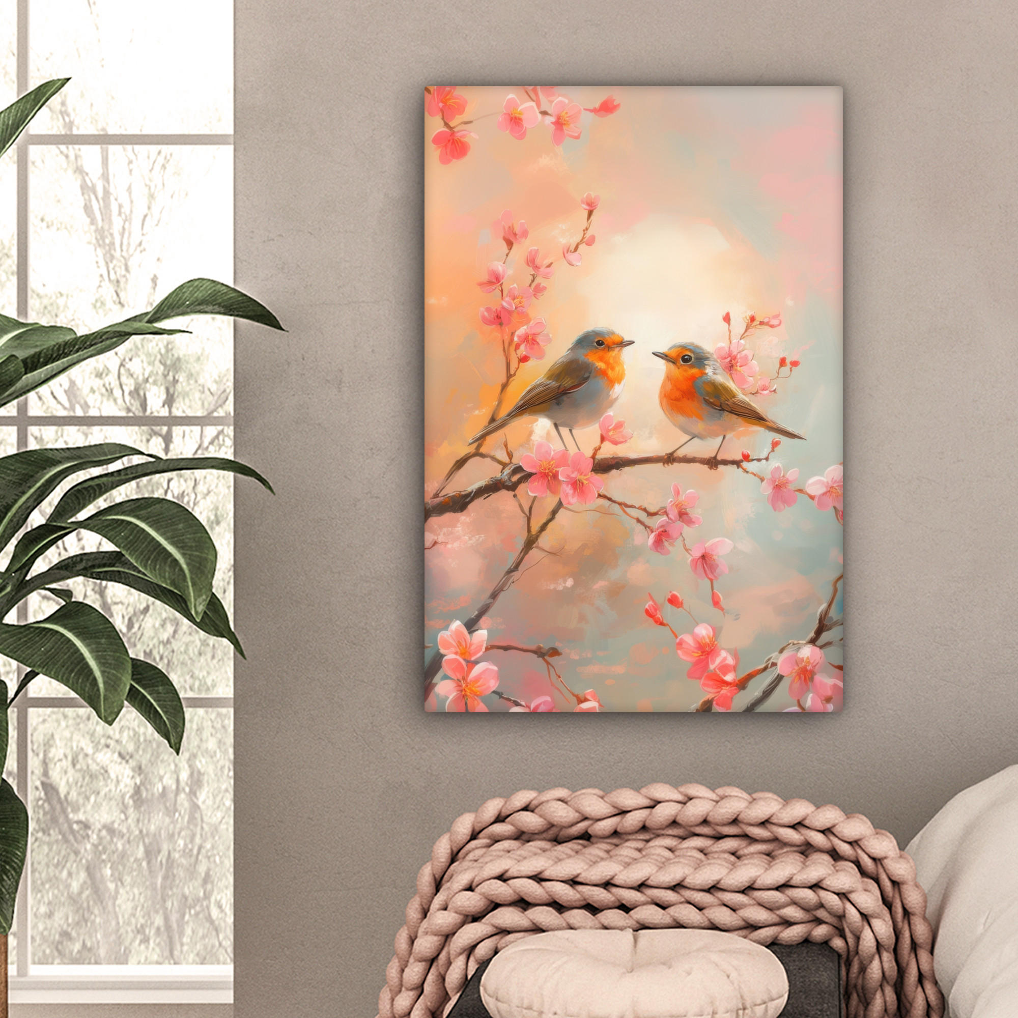 LEINWANDBILD Rotkehlchen - Zierpflanze - Blütenzweig 40x60 cm - Hellrosa, Textil (40/60cm) - MuchoWow