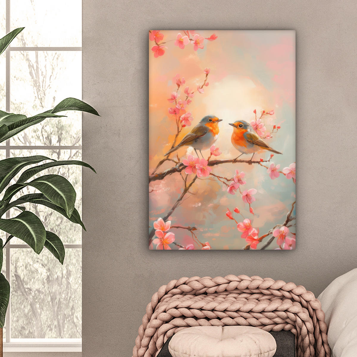 LEINWANDBILD Rotkehlchen - Zierpflanze - Blütenzweig 40x60 cm - Hellrosa, Textil (40/60cm) - MuchoWow