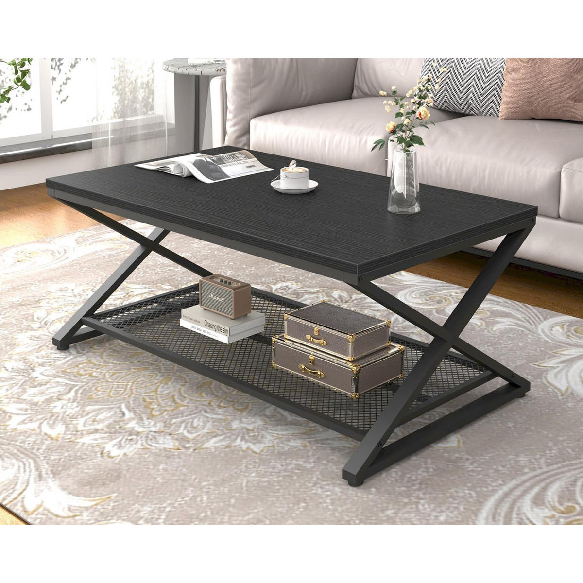 COUCHTISCH Holz Metall Industrial mit Ablage 120 x 60 x 45 cm - Schwarz, Holzwerkstoff/Metall (60/120/45cm) - Quality Elegance