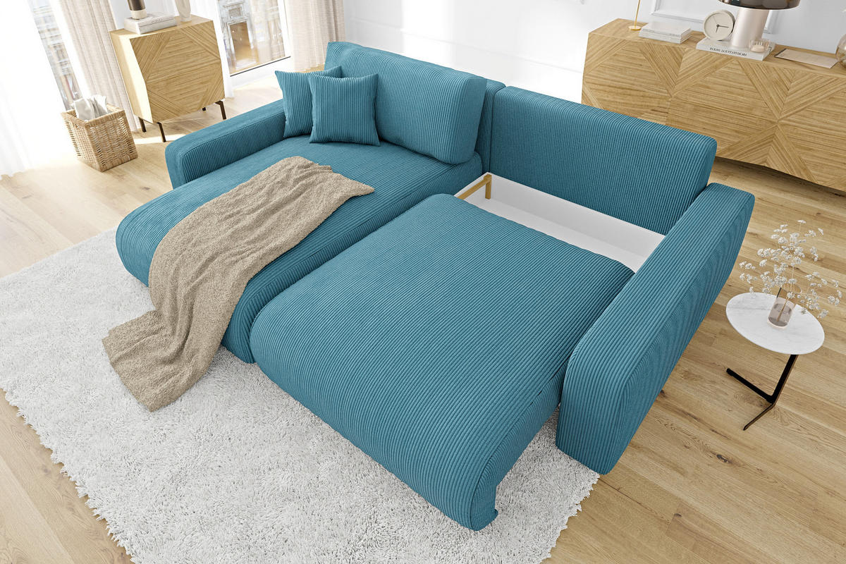 ECKSOFA Emma Türkis Cord - Ottomane links - Türkis, Textil (234/170cm) - S-Style Möbel