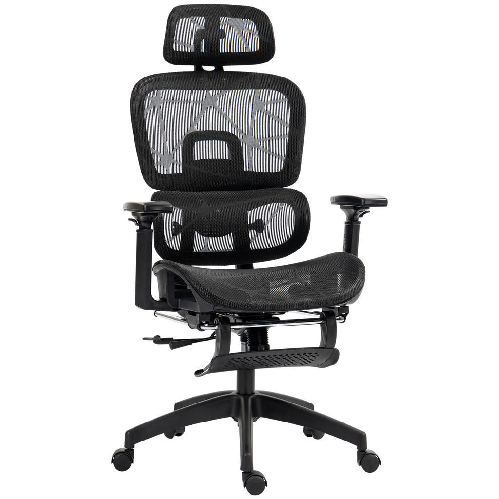 SHOPENTRA OTOČNÁ židle, černá, síťovaná, ergonomická, s područkami a opěrkou nohou