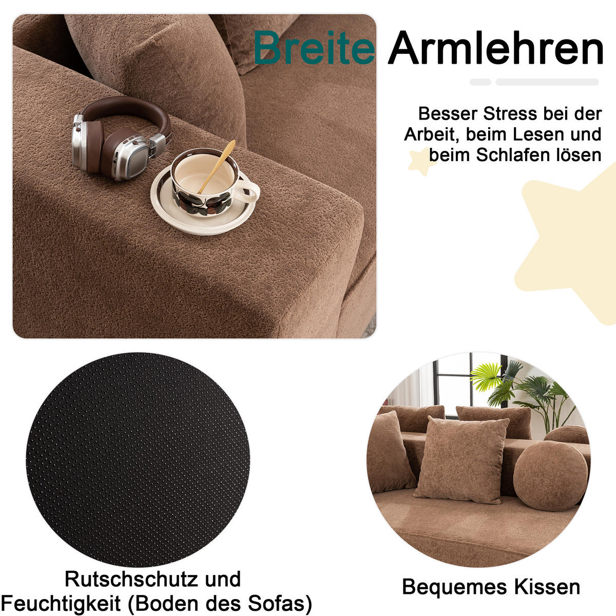 WOHNLANDSCHAFT Chenille Braun mit Kissen - Braun, Textil (263/66/171cm) - WISHDOR