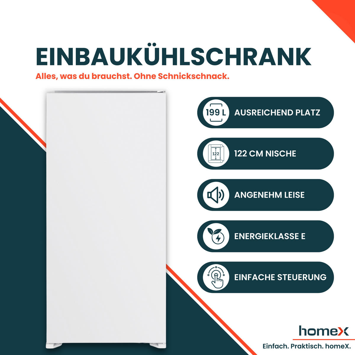 KÜHLSCHRANK Einbau, ohne Gefrierfach, 122cm Nische, 199 Liter, Schlepptürtechnik, 39 dB, CB1991E - Weiß, Glas/Kunststoff (54/123/54cm) - homeX