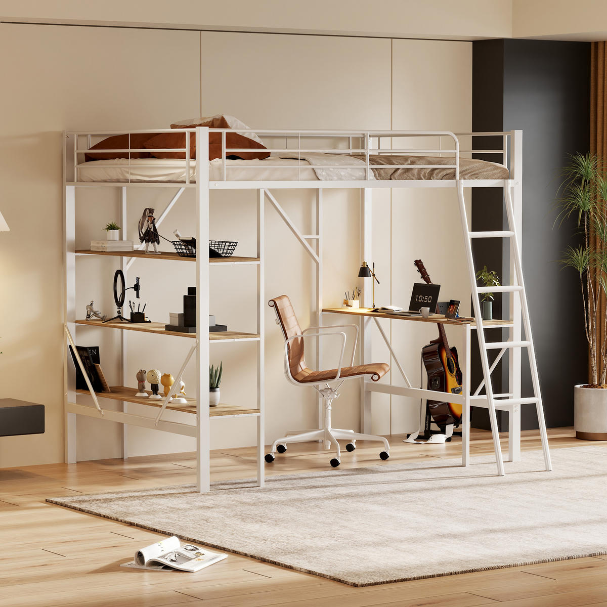 HOCHBETT 90/200 cm Weiß Metallbett mit Schreibtisch und Ablagen - Weiß, Holzwerkstoff (90/200cm) - OKWISH