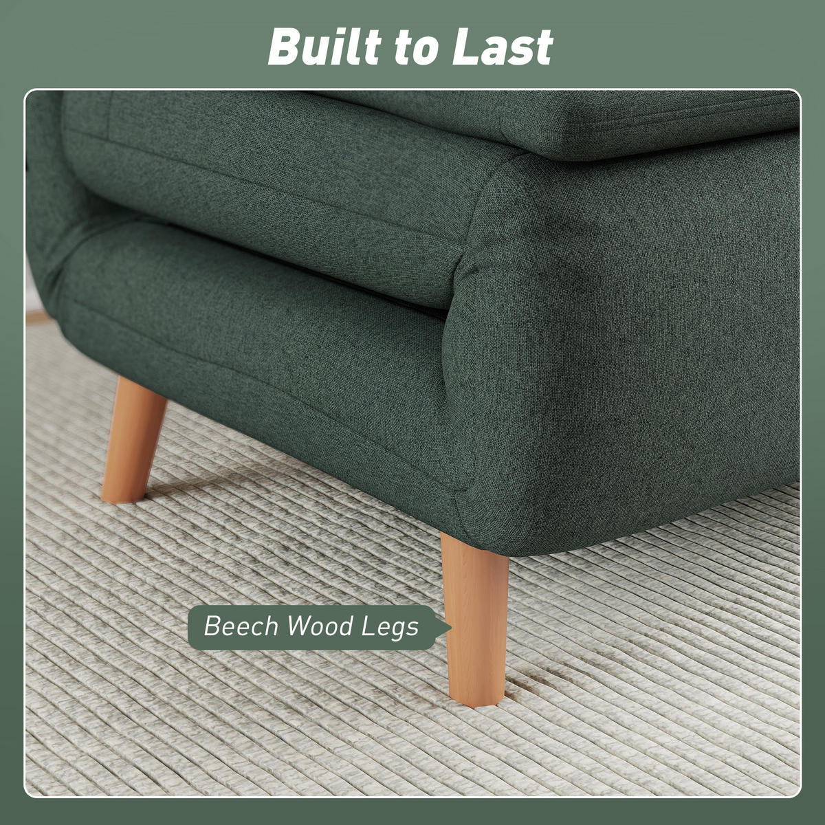 SCHLAFSESSEL 3-in-1 Sessel Bett-Funktion, verstellbare Rückenlehne - Dunkelgrün/Buchefarben, Buchenholz/Textil (90/80/95cm) - HOMCOM