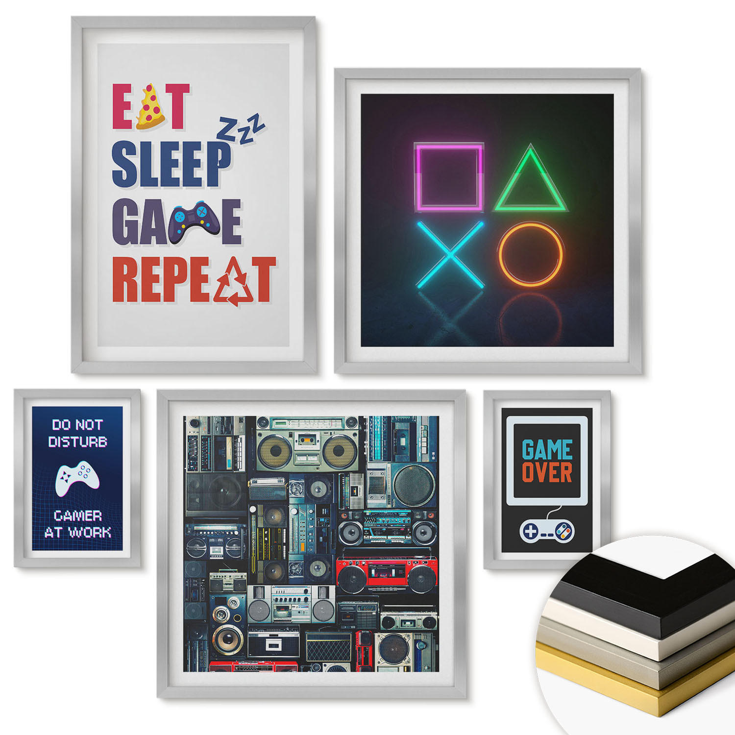 WANDBILDER 5er Set - 50x50 cm & 20x30 cm & 40x60 cm Silberner Rahmen - Spieleruntertitel - Silberfarben, Kunststoff (40/60cm) - ArtPrintCave