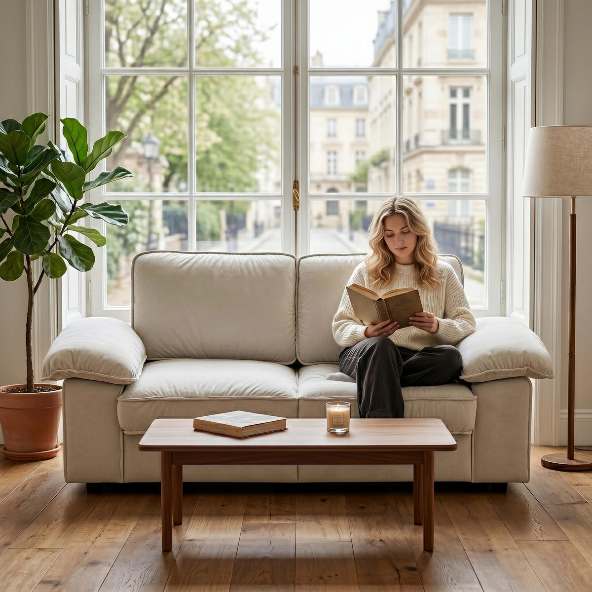 2-SITZER SOFA Samt Cream White mit Stauraum und Taschenfederkern - Creme, Holzwerkstoff/Kunststoff (201/89/91cm) - WISHDOR