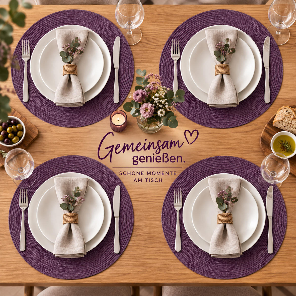 PLATZSET 4er Set Polypro Aubergine 35 cm rund - Aubergine, Kunststoff (35cm) - TiborTex