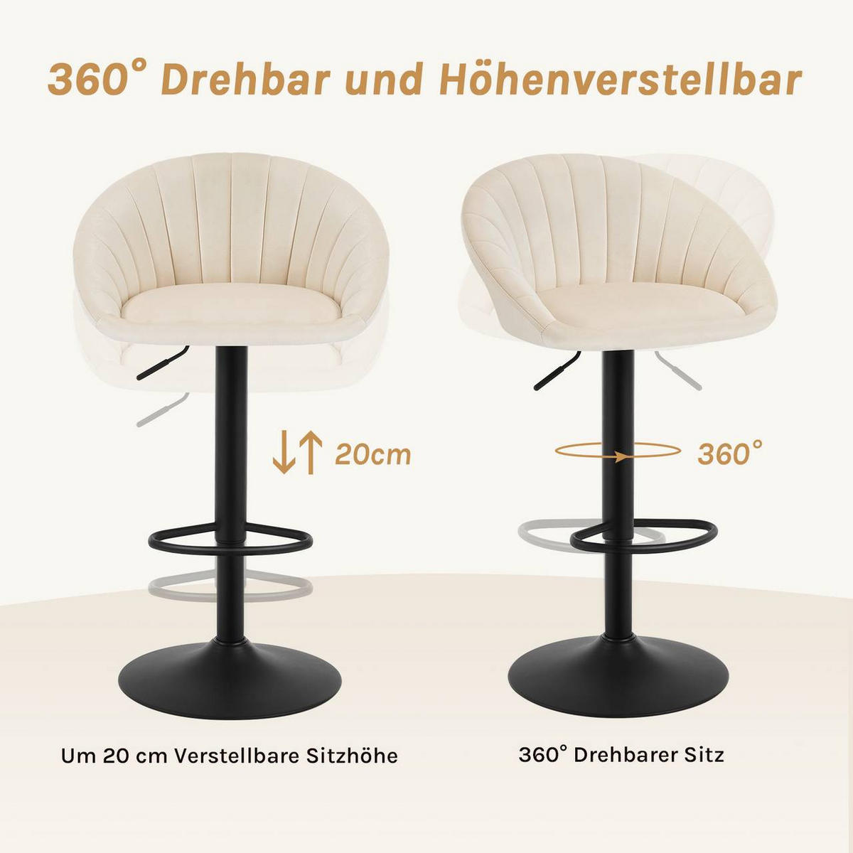 BARHOCKER mit Rückenlehne, Samt, Beige - Beige/Schwarz, Textil/Metall (53/83/45cm) - Woltu