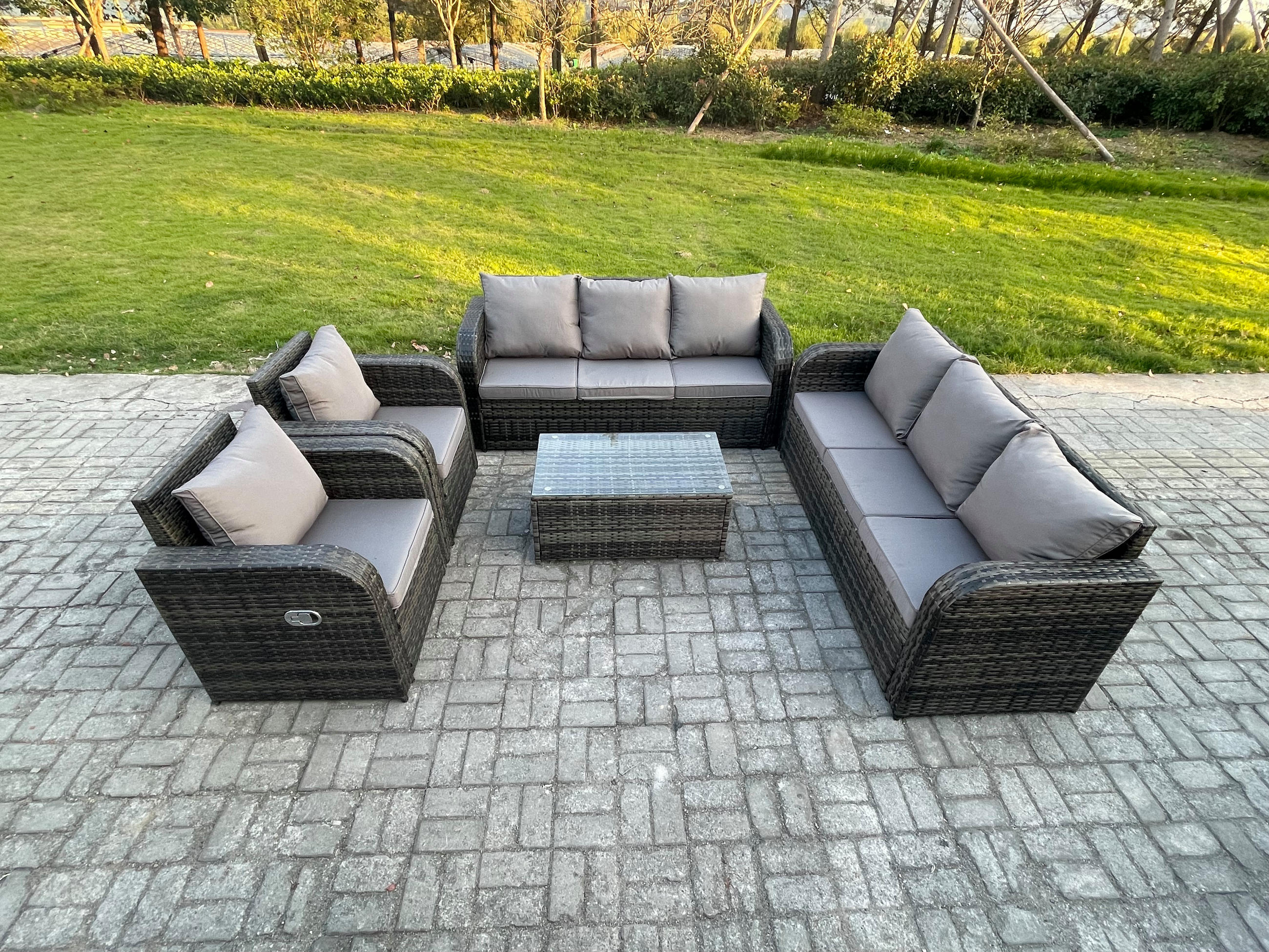GARTENMÖBEL-SET mit Kissen Polyrattan Dunkelgrau 8-Sitzer - Dunkelgrau/Grau, Glas/Kunststoff - Fimous