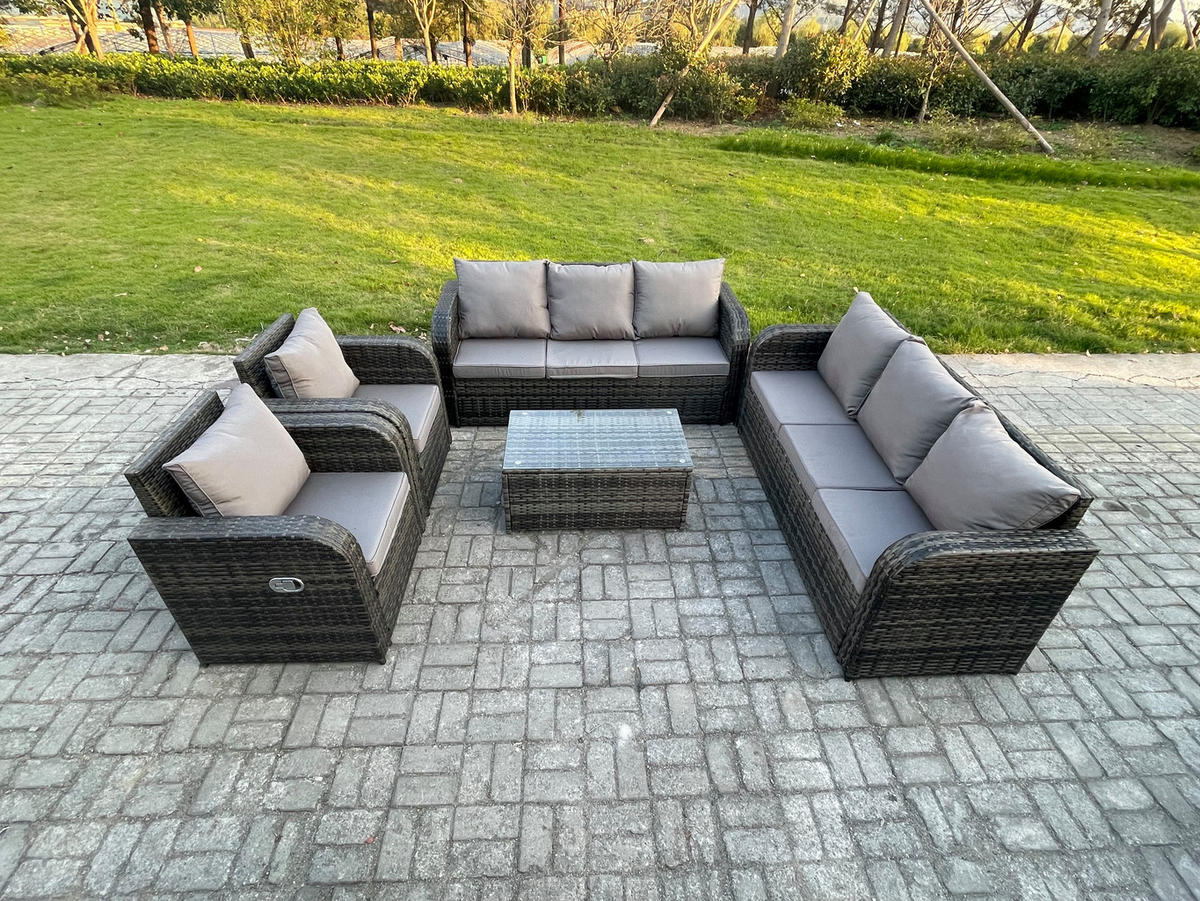 GARTENMÖBEL-SET mit Kissen Polyrattan Dunkelgrau 8-Sitzer - Dunkelgrau/Grau, Glas/Kunststoff - Fimous