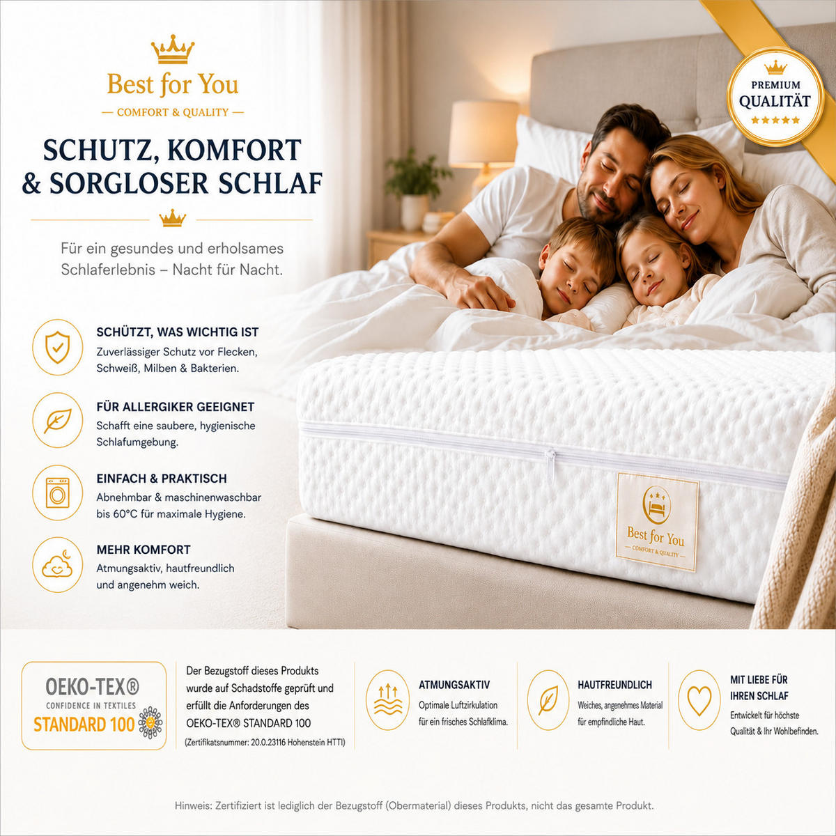 MATRATZENBEZUG 140/200/14 cm für Allergiker aus Baumwolle mit Reißverschluss Weiß - Weiß, Textil - Best For Home