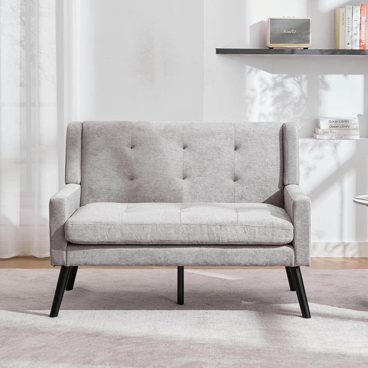 SITZBANK 2-Sitzer Leinenoptik Polster mit Knopfsteppung, Massivholzbeinen 119/75/88 cm Hellgrau - Hellblau, Textil (75/88/119cm) - Redom