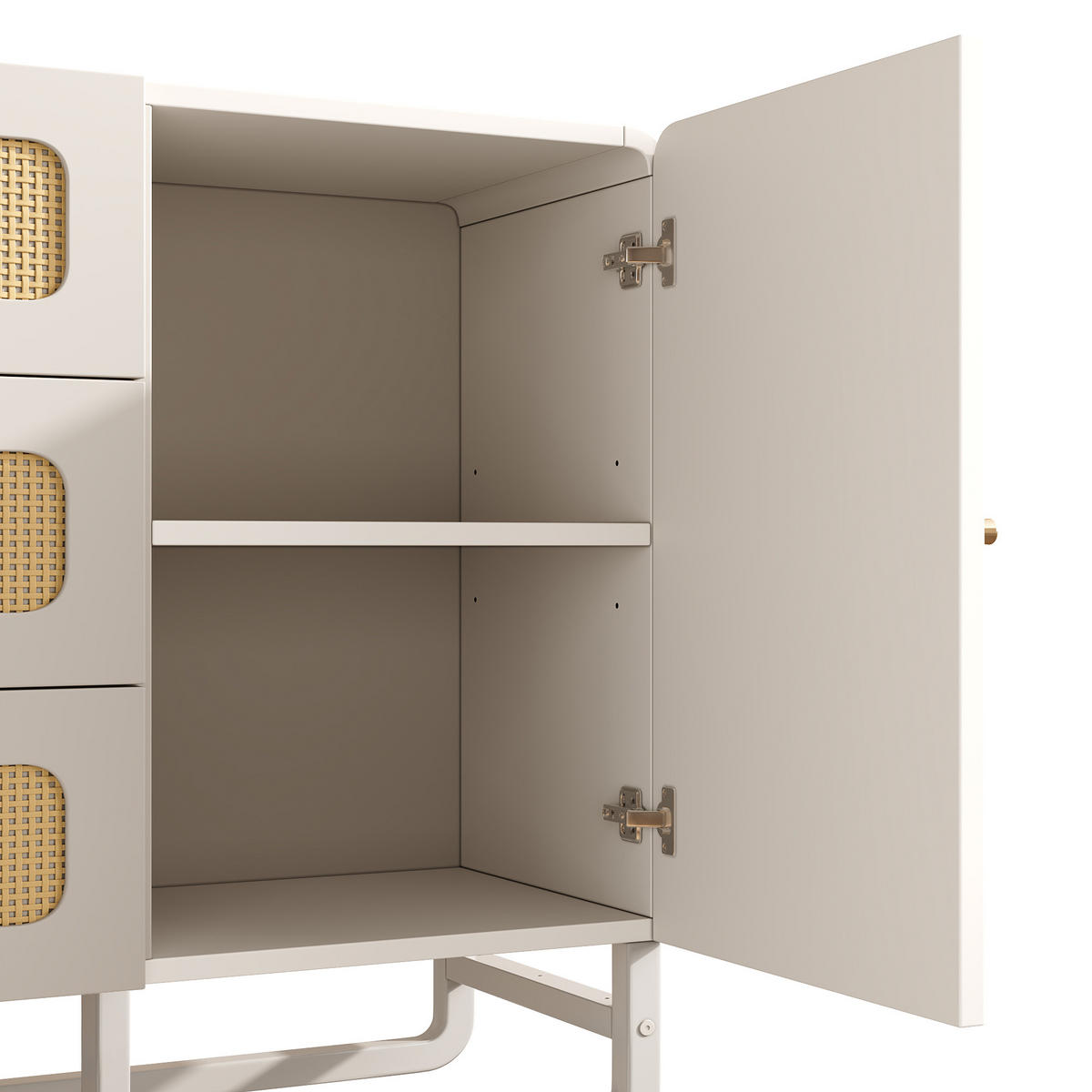 KOMMODE in Weiß Rattan-Sideboard mit Schubladen und Goldgriffen für Wohnzimmer, B120/T40/H85 cm - Weiß/Naturfarben, Holzwerkstoff/Metall (120/85/40cm) - STILVORA