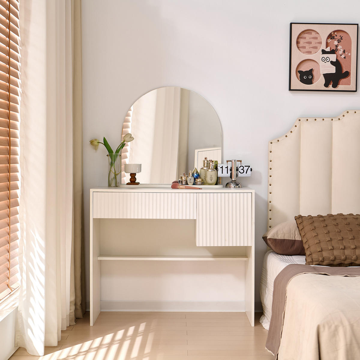 SCHMINKTISCH 40/90/135 cm weiß aus MDF mit Spiegel und 2 Schubladen - Weiß, Holzwerkstoff (40/135/90cm) - OKWISH