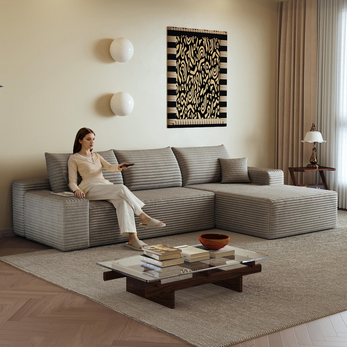 ECKSOFA 270/175/83 cm Kamel Cord mit Chaiselongue, Rechte Seite - Klar/Cappuccino, Textil (270/175cm) - Oxeza