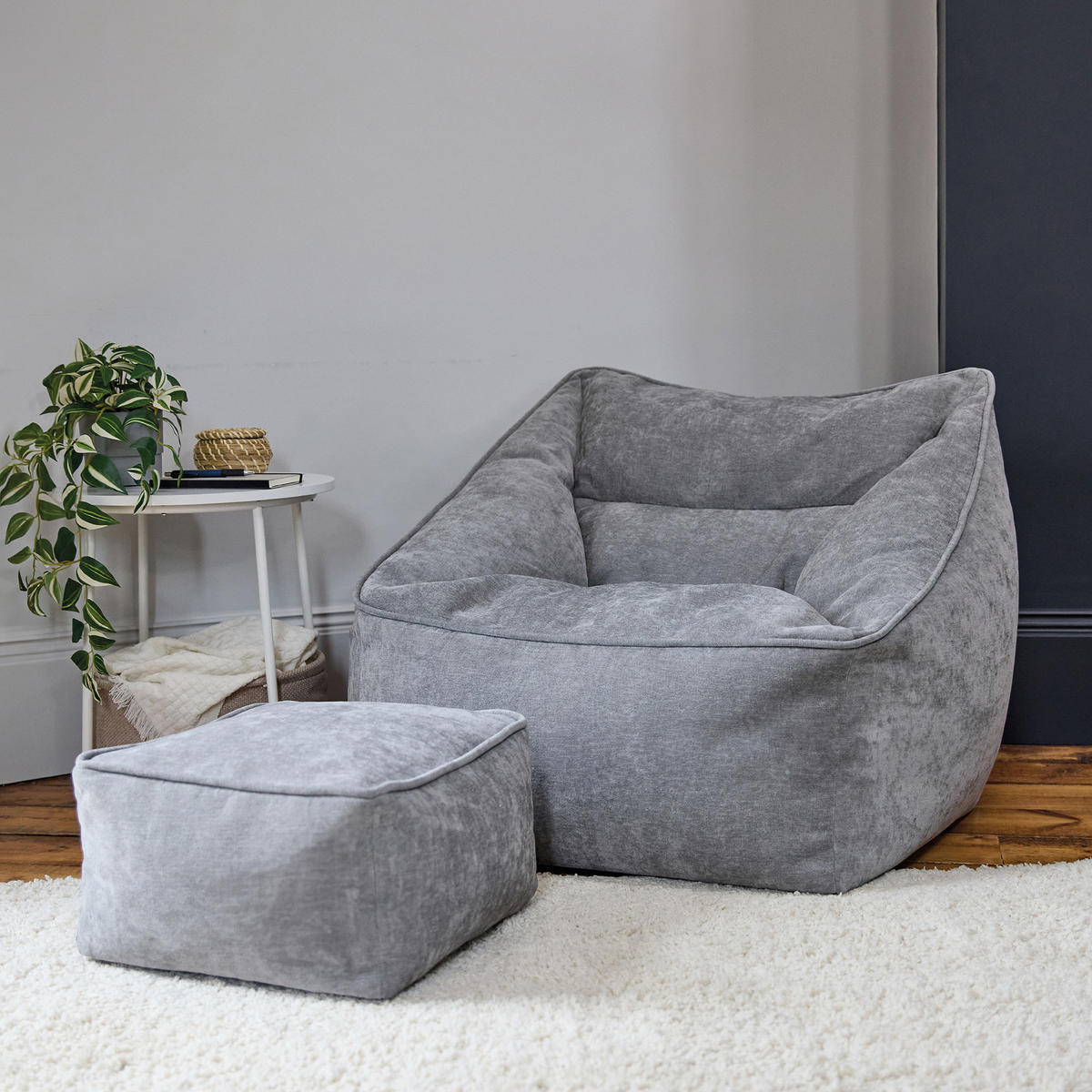 SITZSACK Sessel Chenille Natalia mit Hocker - Grau, Kunststoff/Textil (100/80/88cm) - icon