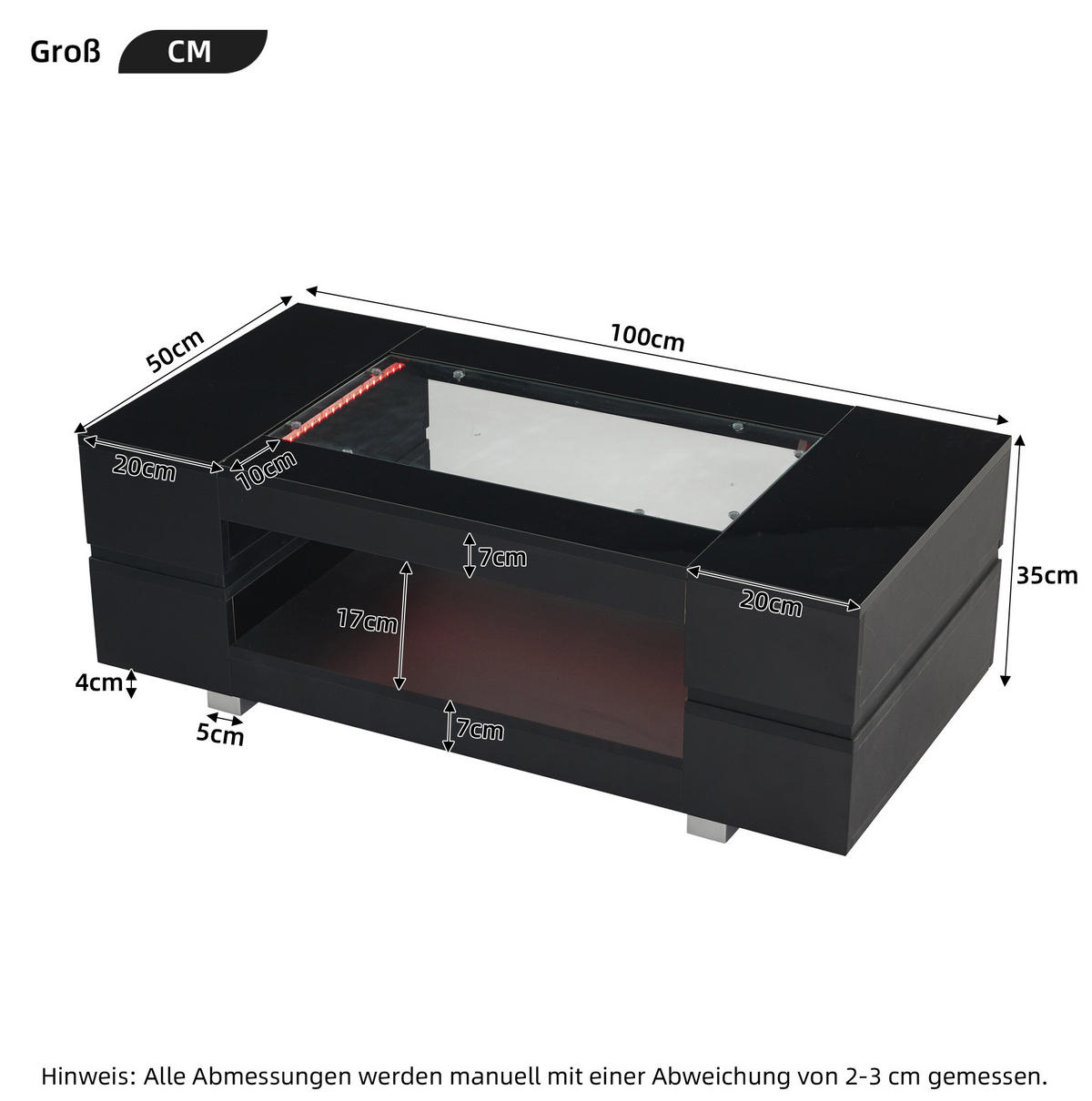 COUCHTISCH 100/50 cm mit Ablage und LED-Beleuchtung in Schwarz - Schwarz, Holzwerkstoff (100/50/35cm) - BEAOK