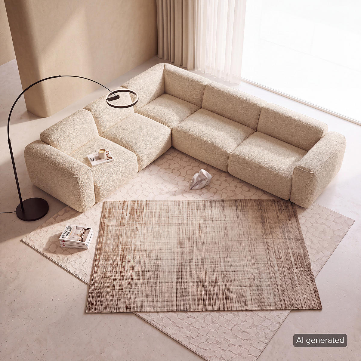 ECKSOFA mit Rundecke - Beige/Schwarz, Kunststoff/Textil (325/260cm) - home24