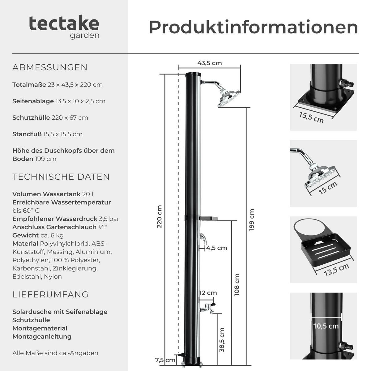 SOLARDUSCHE Tinto, extra Wasserhahn, inklusive Schutzhülle, schwarz/silber - Silberfarben/Schwarz, Kunststoff (15.5/221/42.5cm) - tectake