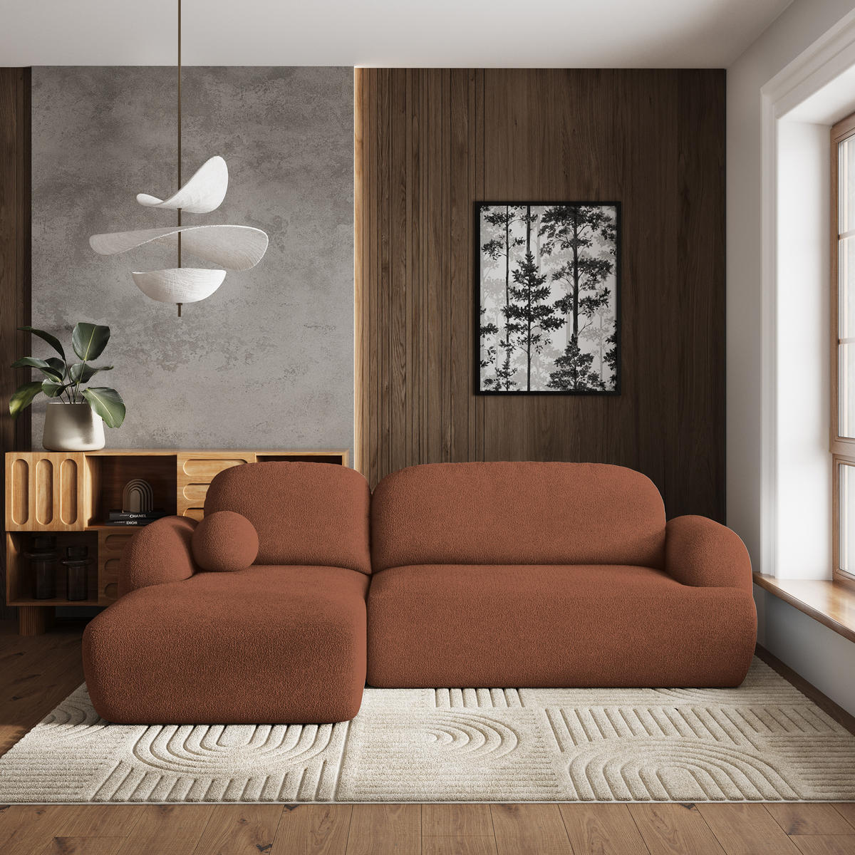 ECKSOFA MODENZA N L-S Orange Boucle-Stoff mit Schlaffunktion - Schwarz/Orange, Holz/Kunststoff (266/148cm) - MASSENO