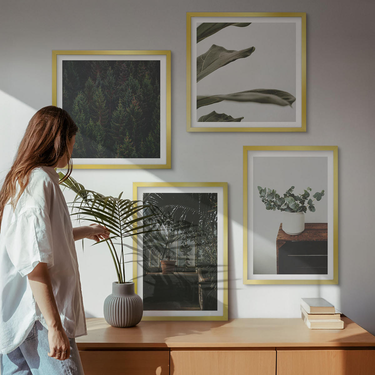 BILDER SET 4er Set - 50x50 cm & 40x60 cm Goldrahmen - Rustikale Topfpflanzen - Goldfarben, Kunststoff (50/50cm) - TULUP