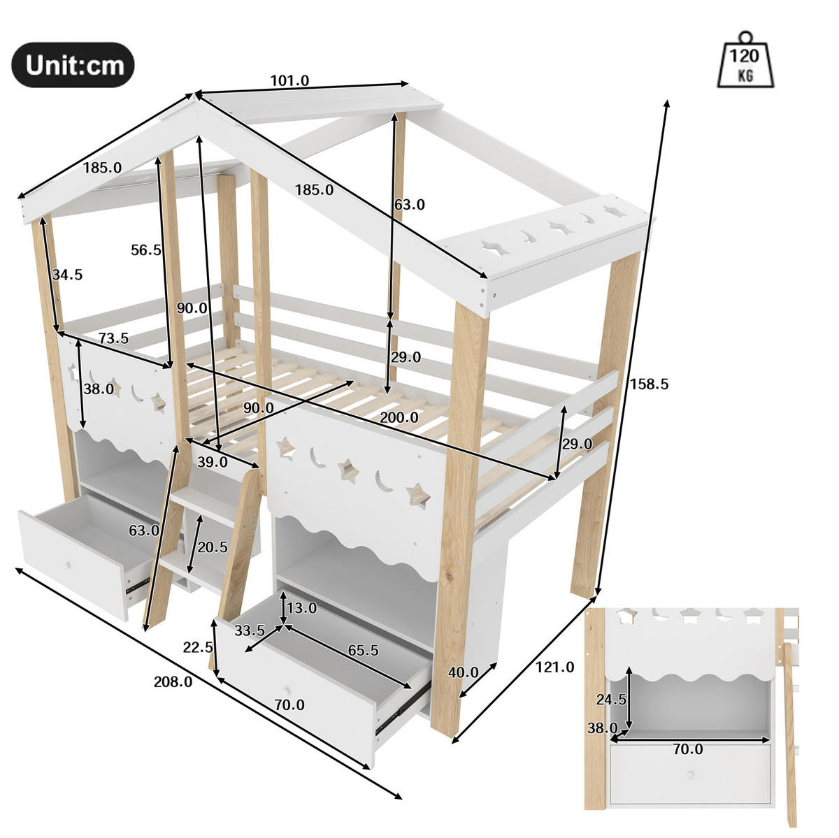 HALBHOHES BETT Hausform 90/200 cm, Weiß/Natur mit LED und Stauraum - Weiß, Holz (90/200cm) - MIVRAY